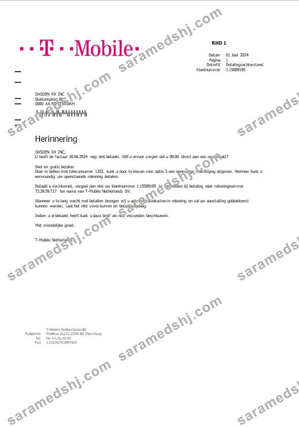 Netherlands T-Mobile business utility bill template in Word and PDF formats